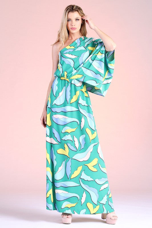 Leah Cartoon Leaf Print Slouchy One Shoulder Maxi - ENE TRENDS -custom designed-personalized- tailored-suits-near me-shirt-clothes-dress-amazon-top-luxury-fashion-men-women-kids-streetwear-IG-best