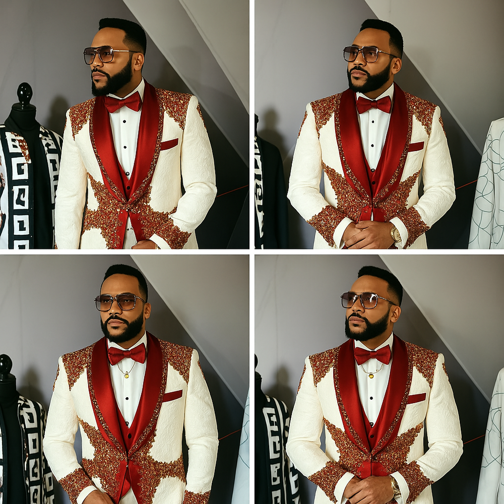 Men's Luxury White Jacquard Tuxedo w/ Red Lapel and Red Diamond Beading 2 Piece Blazer Pants - Custom Made