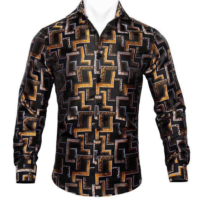 slim fit dress slacks Paisley Floral Long Sleeve Silk Casual Men Shirts Designer Fit Barry Wang 1 Style / L