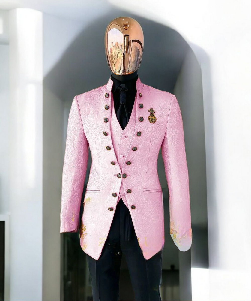 Men's Luxury Brocade Embroidered 3-Piece Suit with Gold Crest - Custom Tailored Multi-Color Options