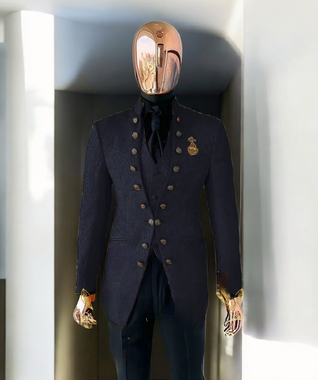 Men's Luxury Brocade Embroidered 3-Piece Suit with Gold Crest - Custom Tailored Multi-Color Options
