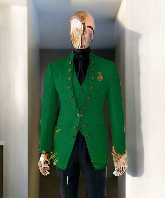 Men's Luxury Brocade Embroidered 3-Piece Suit with Gold Crest - Custom Tailored Multi-Color Options