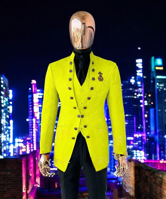 Men's Luxury Brocade Embroidered 3-Piece Suit with Gold Crest - Custom Tailored Multi-Color Options