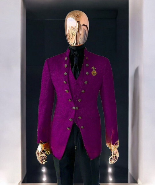 Men's Luxury Brocade Embroidered 3-Piece Suit with Gold Crest - Custom Tailored Multi-Color Options