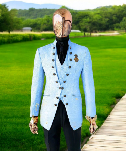 Men's Luxury Brocade Embroidered 3-Piece Suit with Gold Crest - Custom Tailored Multi-Color Options