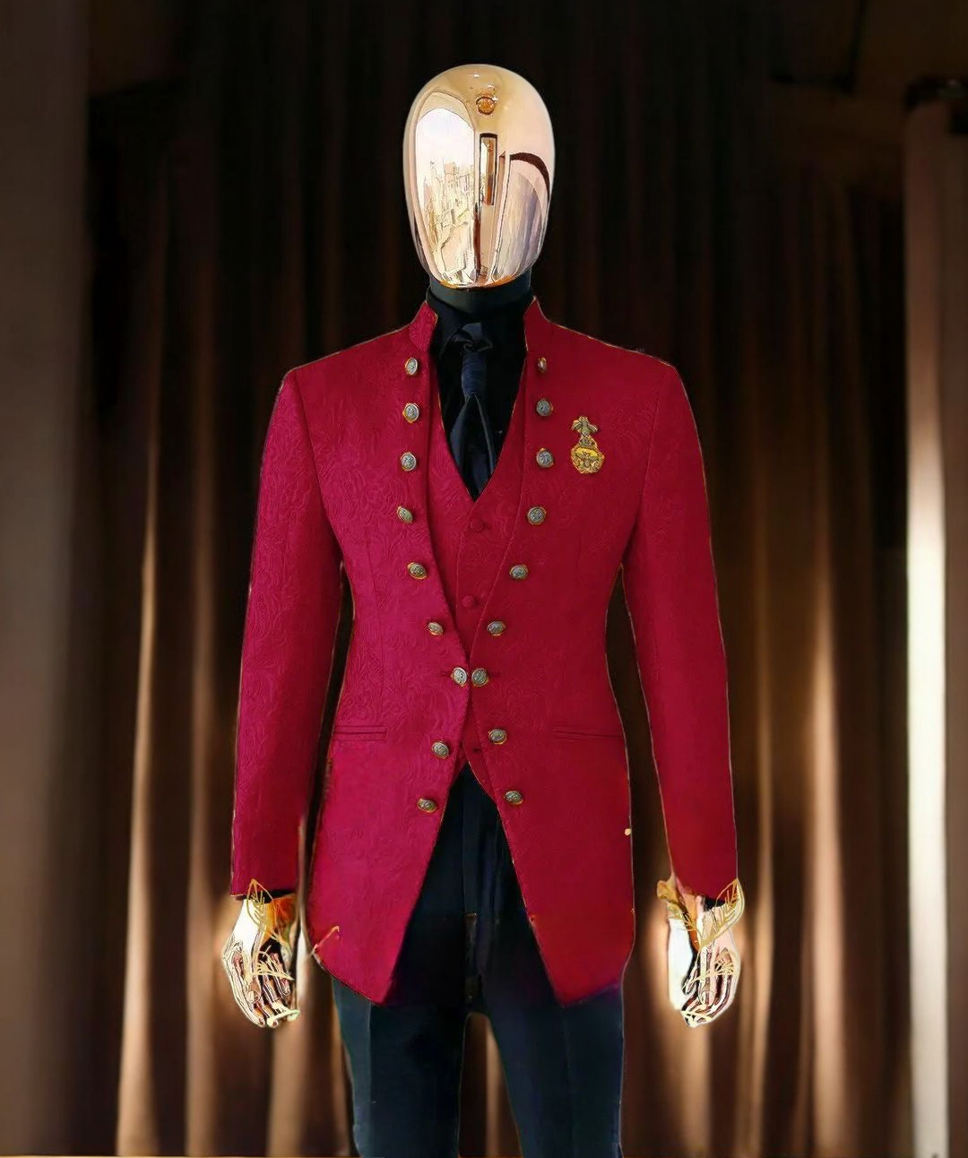 Men's Luxury Brocade Embroidered 3-Piece Suit with Gold Crest - Custom Tailored Multi-Color Options