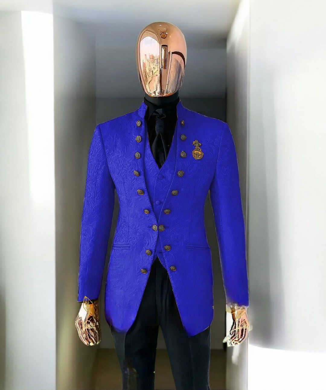 Men's Luxury Brocade Embroidered 3-Piece Suit with Gold Crest - Custom Tailored Multi-Color Options