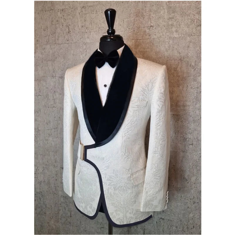 A Luxury white and black jacquard tuxedo blazer with side buckle displayed on a mannequin.