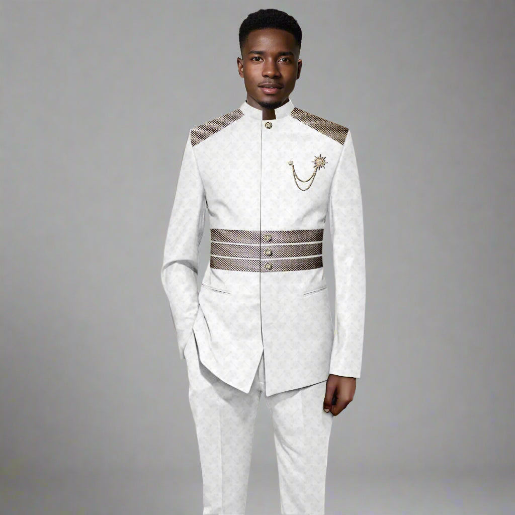 Mens Stand Collar Long Sleeve Blazer and Pants Foreign Traditional Wedding Tuxedo - White