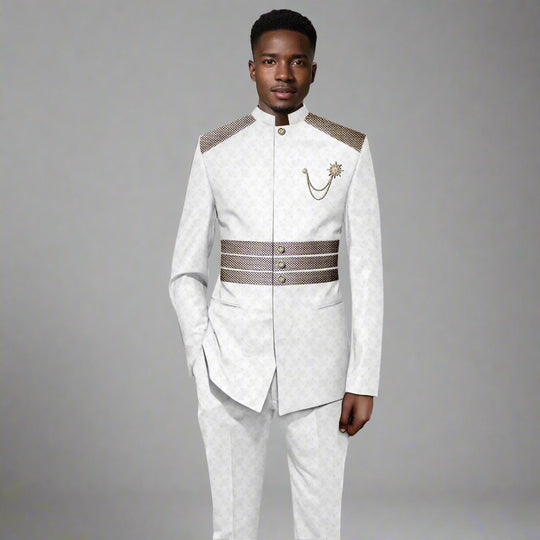 Mens Stand Collar Long Sleeve Blazer and Pants Foreign Traditional Wedding Tuxedo - White