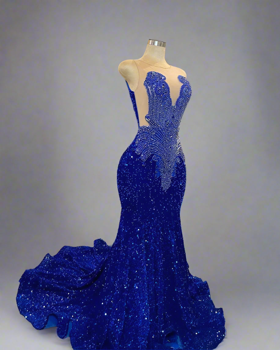 Luxury Royal Blue Tiered Ruffle Sequins Crystal Rhinestones Bead Mermaid Gown Blue / 8 Luxury Royal Blue Tiered Ruffle Sequins Crystal Rhinestones Bead Mermaid Gown Blue / 8