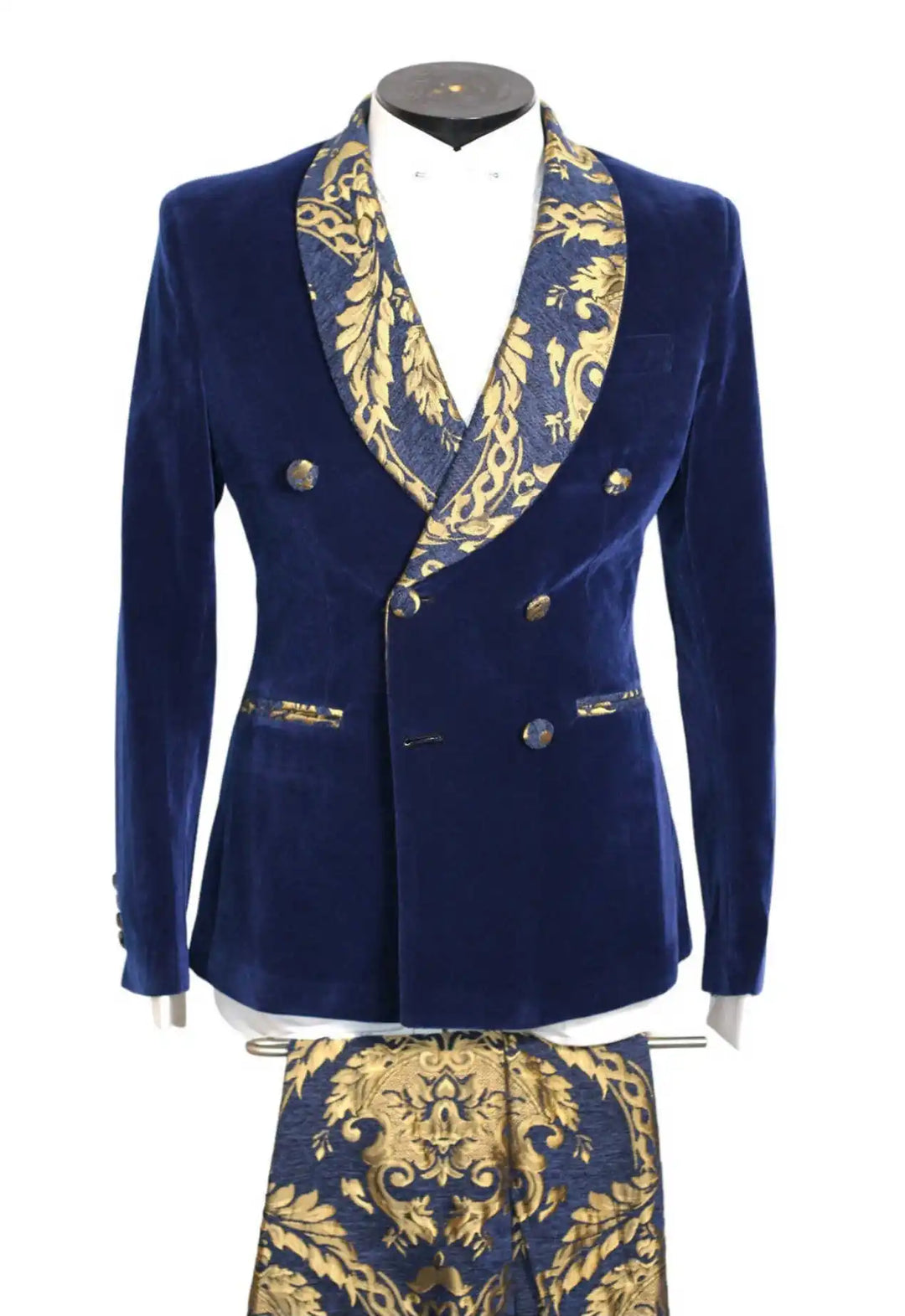 Men's Luxury Velvet Double Breasted Blazer Gold Leaf Design Shawl Lapel Pants 2 Piece Suit