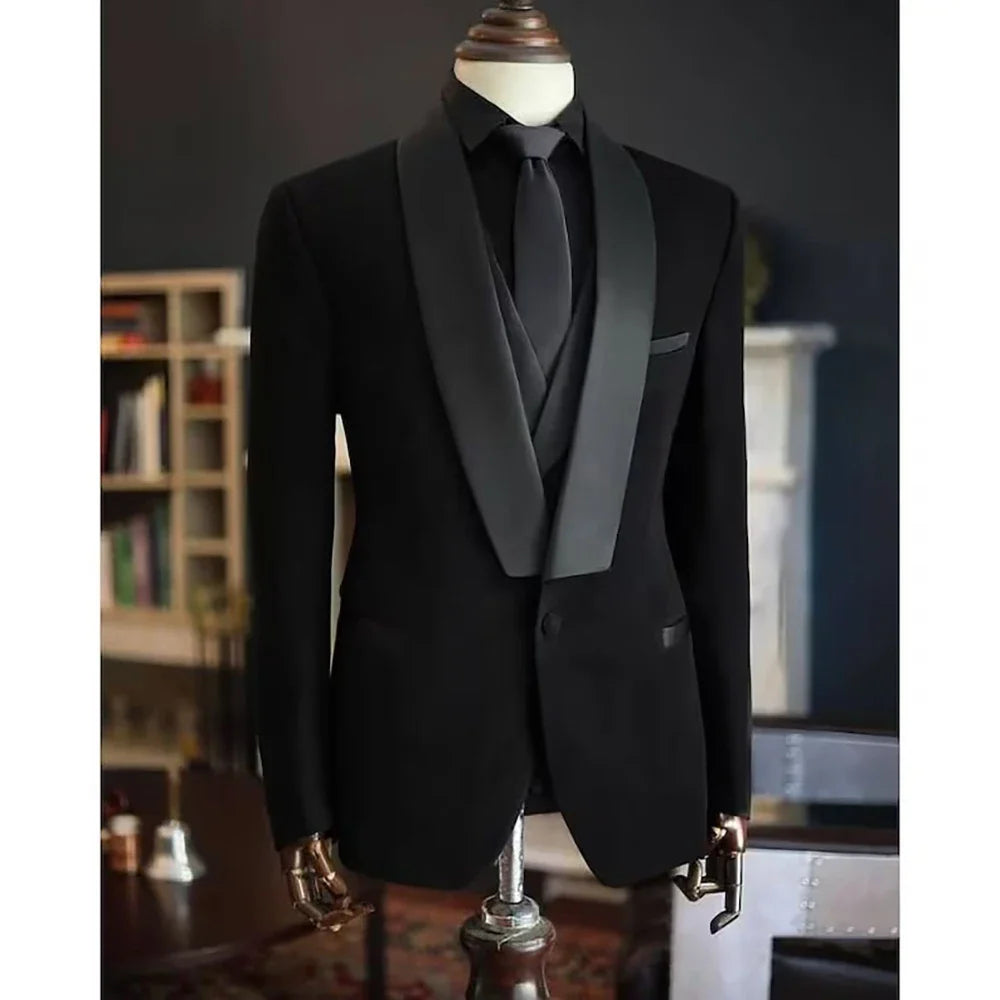 Men's Elegant Double Black 3 Piece Luxury Suit (Blazer + Pants + Vest)