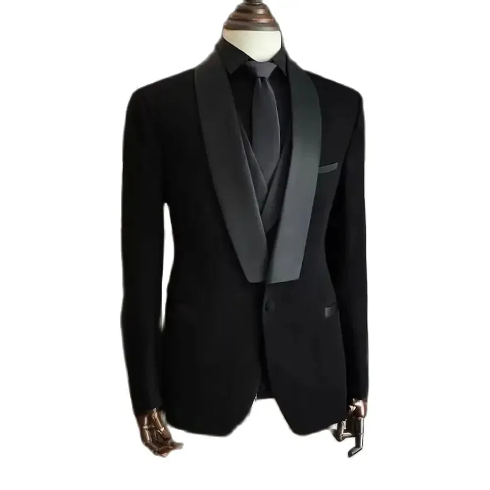 Men's Elegant Double Black 3 Piece Luxury Suit (Blazer + Pants + Vest)