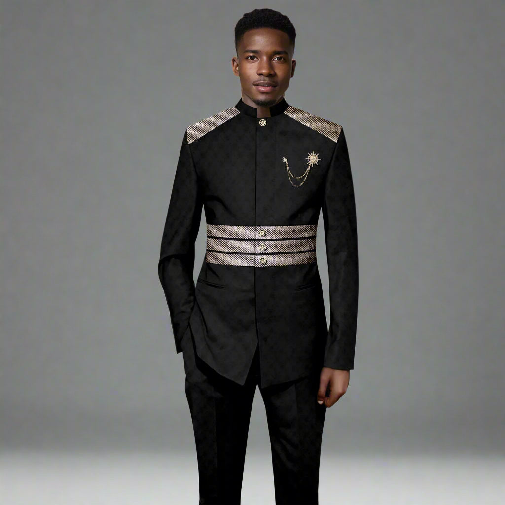 Mens Stand Collar Long Sleeve Blazer and Pants Foreign Traditional Wedding Tuxedo - Black