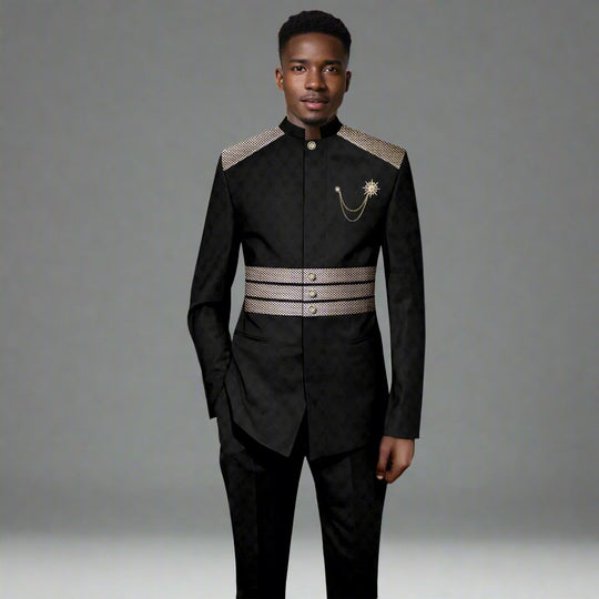 Mens Stand Collar Long Sleeve Blazer and Pants Foreign Traditional Wedding Tuxedo - Black