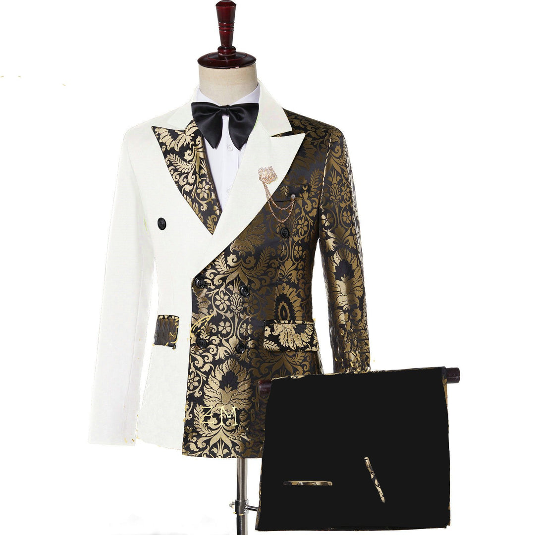 Stephen Double Breasted Gold Floral Jacquard Slim Fit Mens Suits