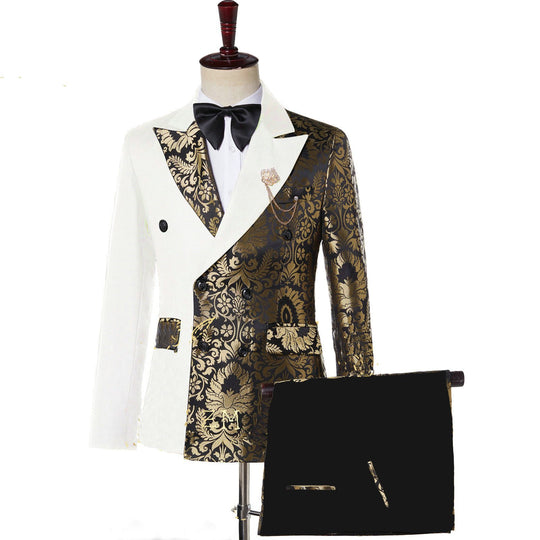 Stephen Double Breasted Gold Floral Jacquard Slim Fit Mens Suits