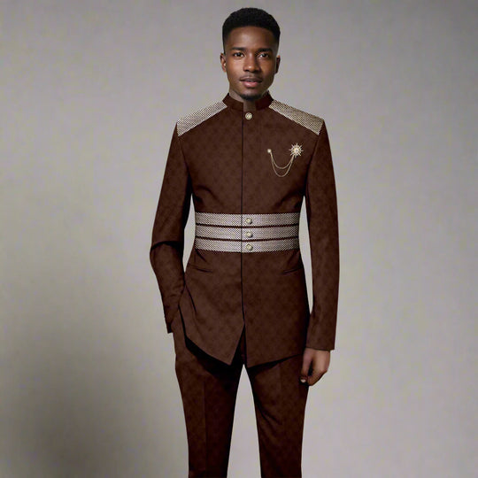 Mens Stand Collar Long Sleeve Blazer and Pants Foreign Traditional Wedding Tuxedo - Brown