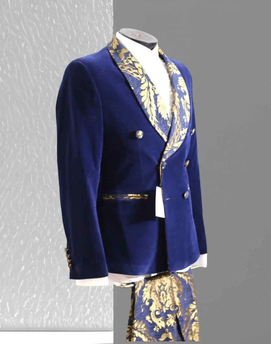 Men's Luxury Velvet Double Breasted Blazer Gold Leaf Design Shawl Lapel Pants 2 Piece Suit