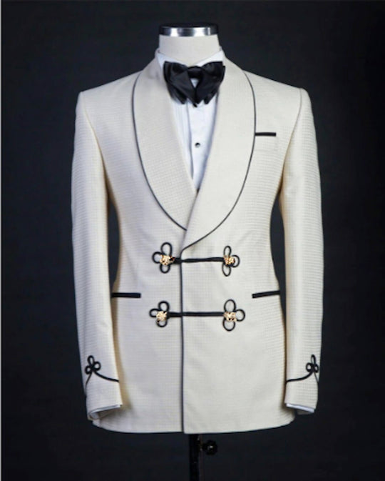 custom mens tuxedo_white_black_trim-special occation-ENE-trends-trending-wedding-perfect-pattern-quilted-gold button-shall-lapel