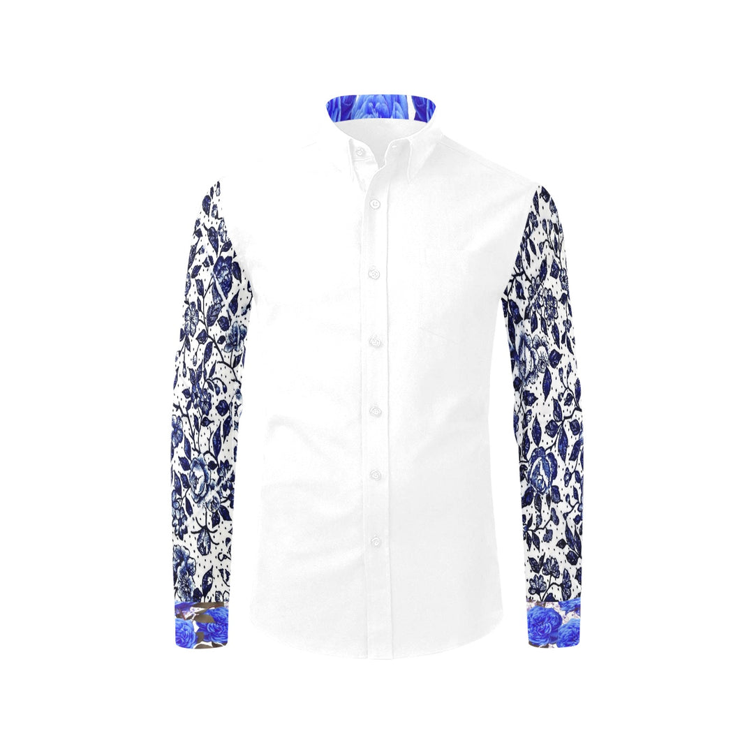 Blue Rose Vine Men's Printed Sleeve Collar Casual Dress Shirt