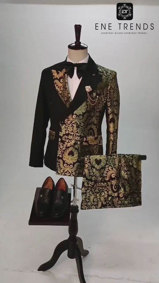 Stephen Double Breasted Gold Floral Jacquard Slim Fit Mens Suits