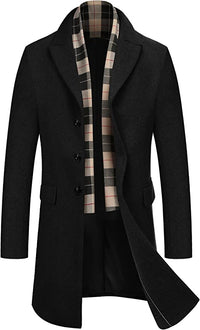 Men's Detachable Scarf Notched Collar Single Breasted Wool Blend Pea Coat