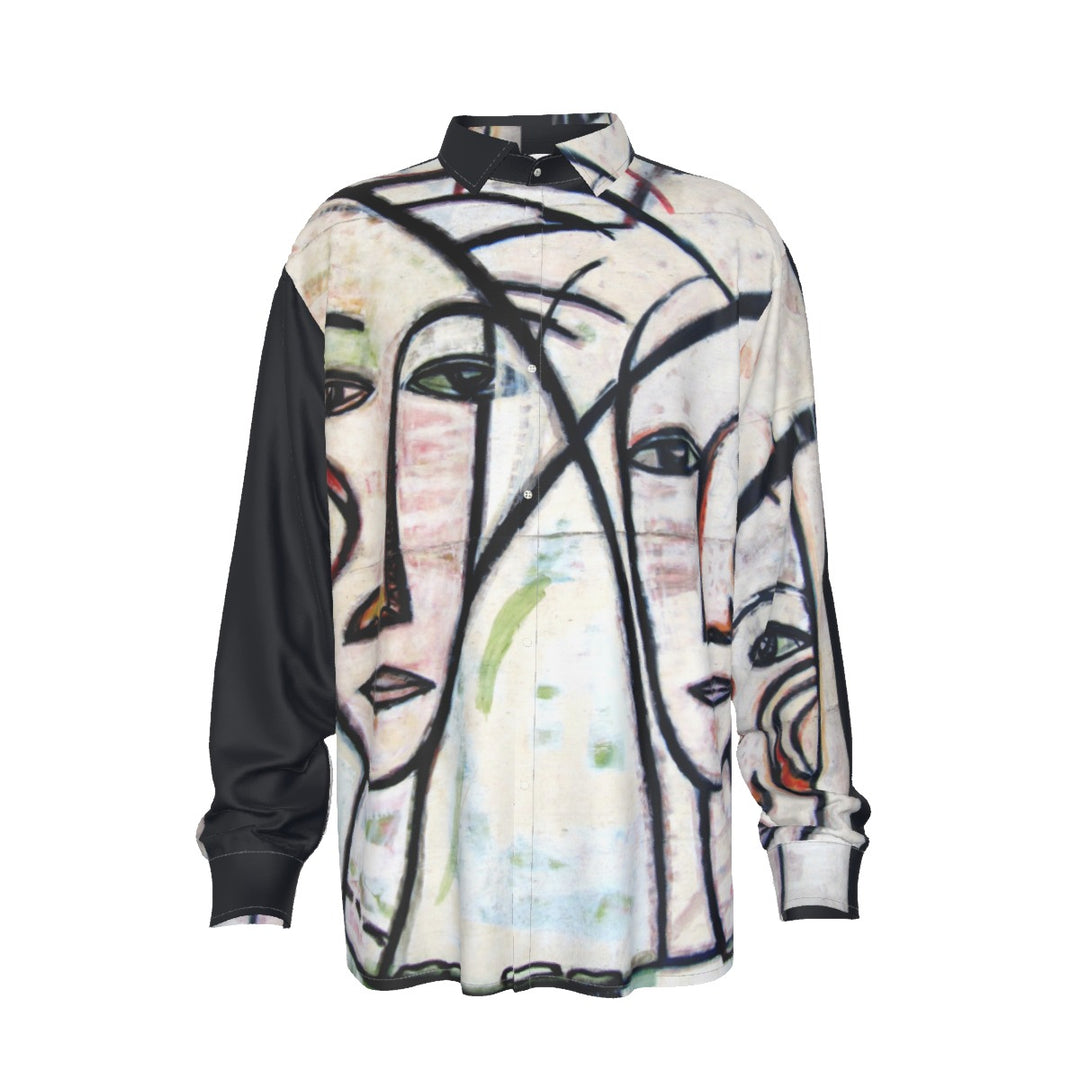 Abstract Gemini Split Men's Imitation Silk Long-Sleeved Shirt