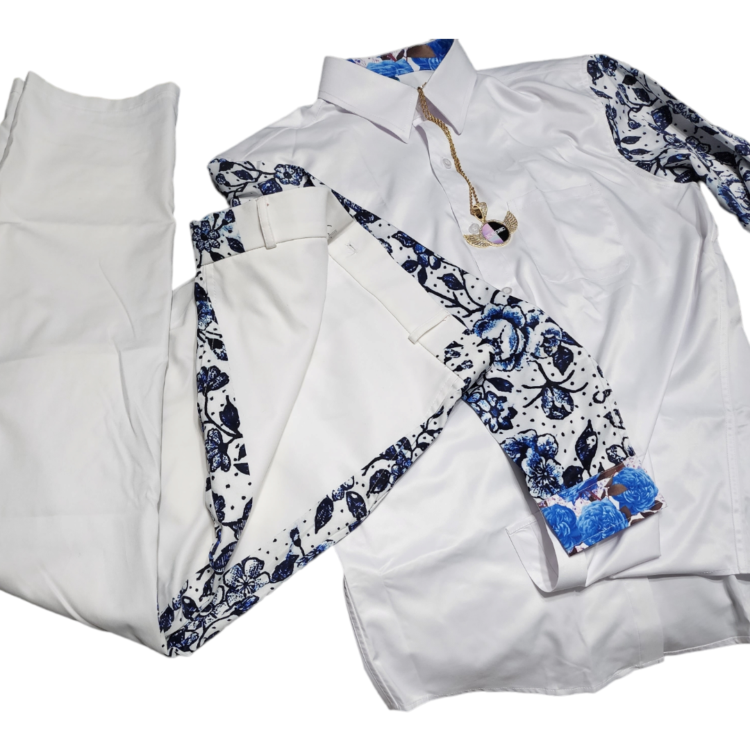 Blue Rose Vine Men's Printed Sleeve Collar Casual Dress Shirt II - ENE TRENDS -custom designed-personalized- tailored-suits-near me-shirt-clothes-dress-amazon-top-luxury-fashion-men-women-kids-streetwear-IG-best