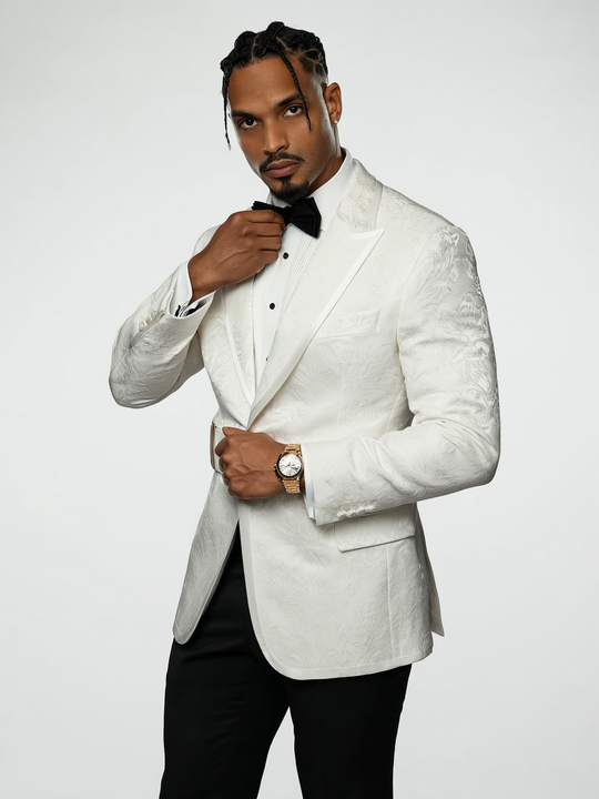 Luxury White Jacquard Tuxedo Blazer w/ Side Buckle
