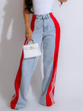 Trendy High Waist Patchwork Denim Striped Wide Leg Pants - Casual Streetwear