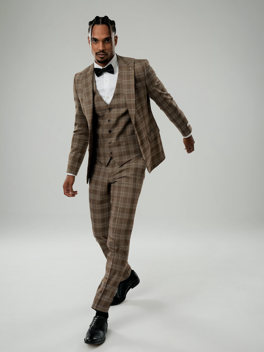 Mens Plaid Beige 3-Piece Suit Custom Tailor Made