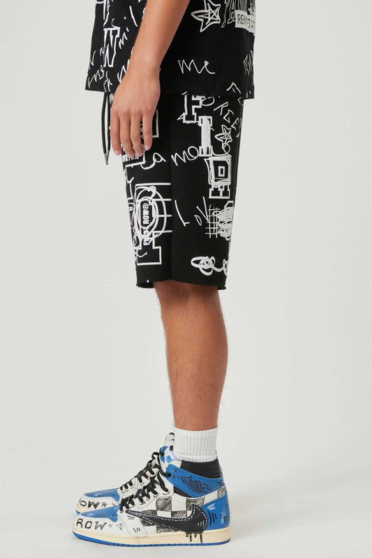 EXTRA PUFF ALLOVER HAND DOODLING PRINTED SHORTS - ENE TRENDS -custom designed-personalized- tailored-suits-near me-shirt-clothes-dress-amazon-top-luxury-fashion-men-women-kids-streetwear-IG-best