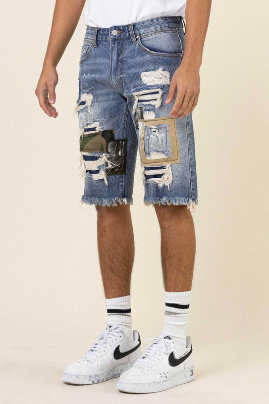 CAMO & TWILL PATCHED RIP & REPAIRED DENIM SHORTS - ENE TRENDS -custom designed-personalized- tailored-suits-near me-shirt-clothes-dress-amazon-top-luxury-fashion-men-women-kids-streetwear-IG-best