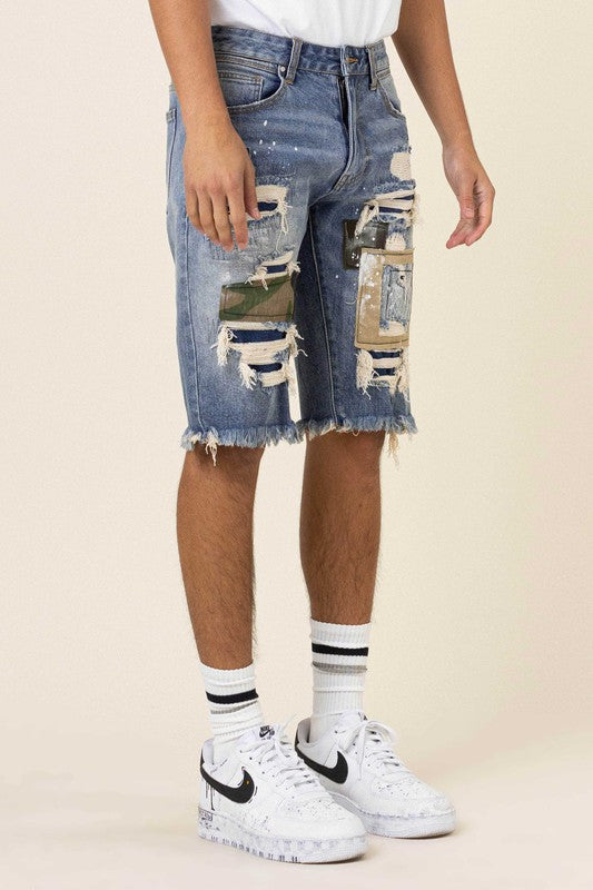 CAMO & TWILL PATCHED RIP & REPAIRED DENIM SHORTS - ENE TRENDS -custom designed-personalized- tailored-suits-near me-shirt-clothes-dress-amazon-top-luxury-fashion-men-women-kids-streetwear-IG-best