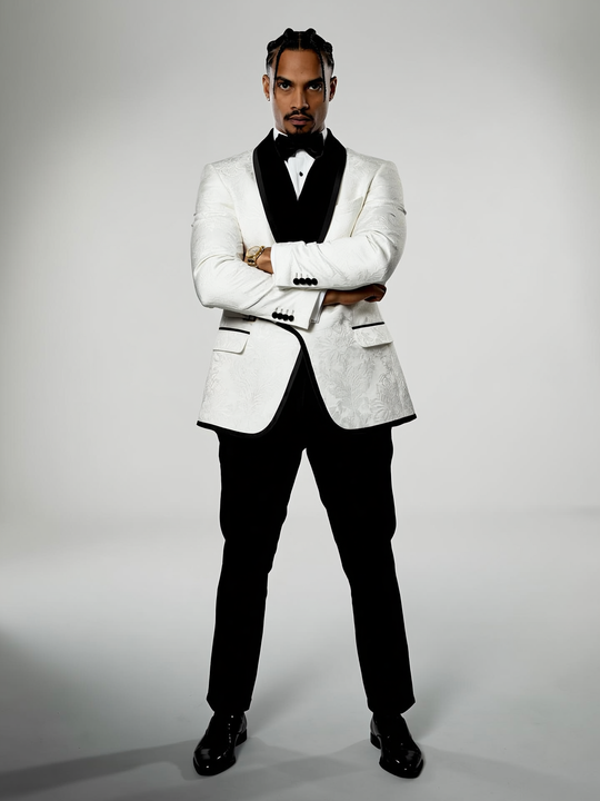 Luxury White & Black Jacquard Tuxedo Blazer w/ Side Buckle