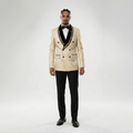 Men's Formal Champagne Jacquard Lace Edge Blazer w/ Embellished Lapel 2 Piece Suit