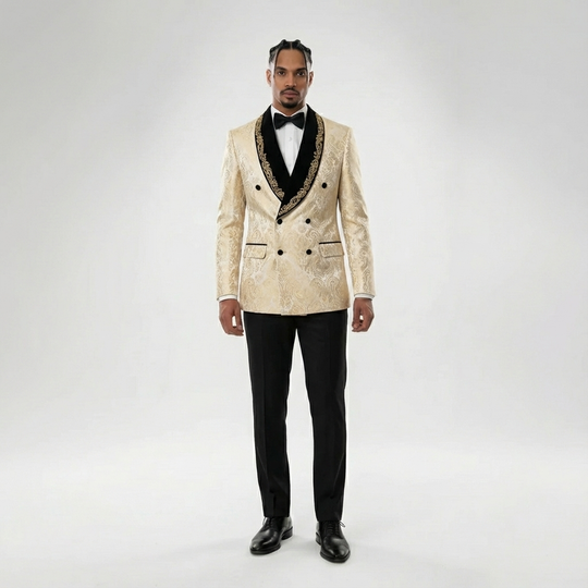 Men's Formal Champagne Jacquard Lace Edge Blazer w/ Embellished Lapel 2 Piece Suit