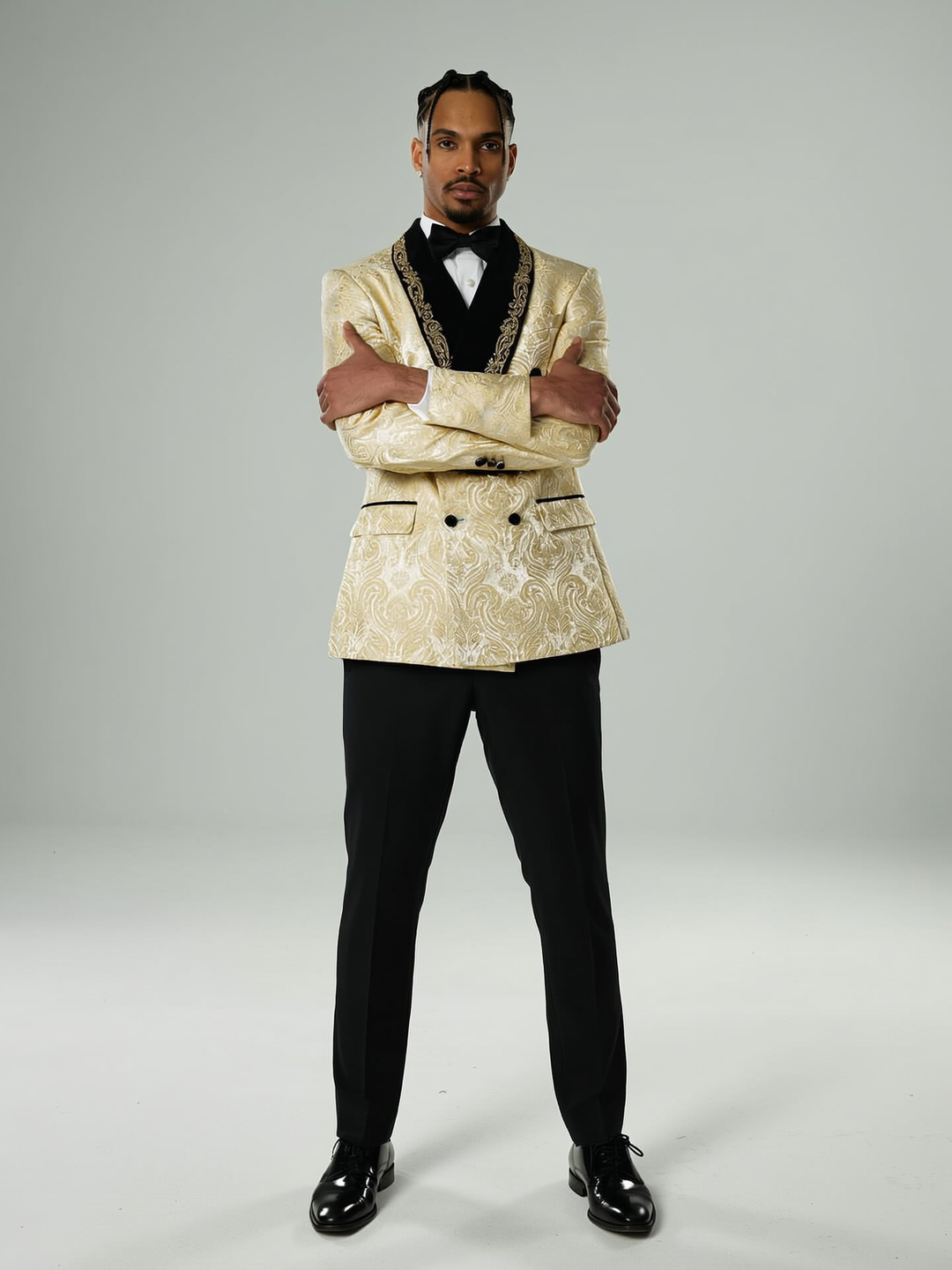 Men's Formal Champagne Jacquard Lace Edge Blazer w/ Embellished Lapel 2 Piece Suit