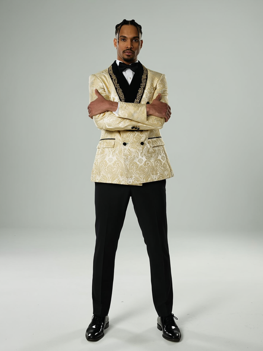 Men's Formal Champagne Jacquard Lace Edge Blazer w/ Embellished Lapel 2 Piece Suit