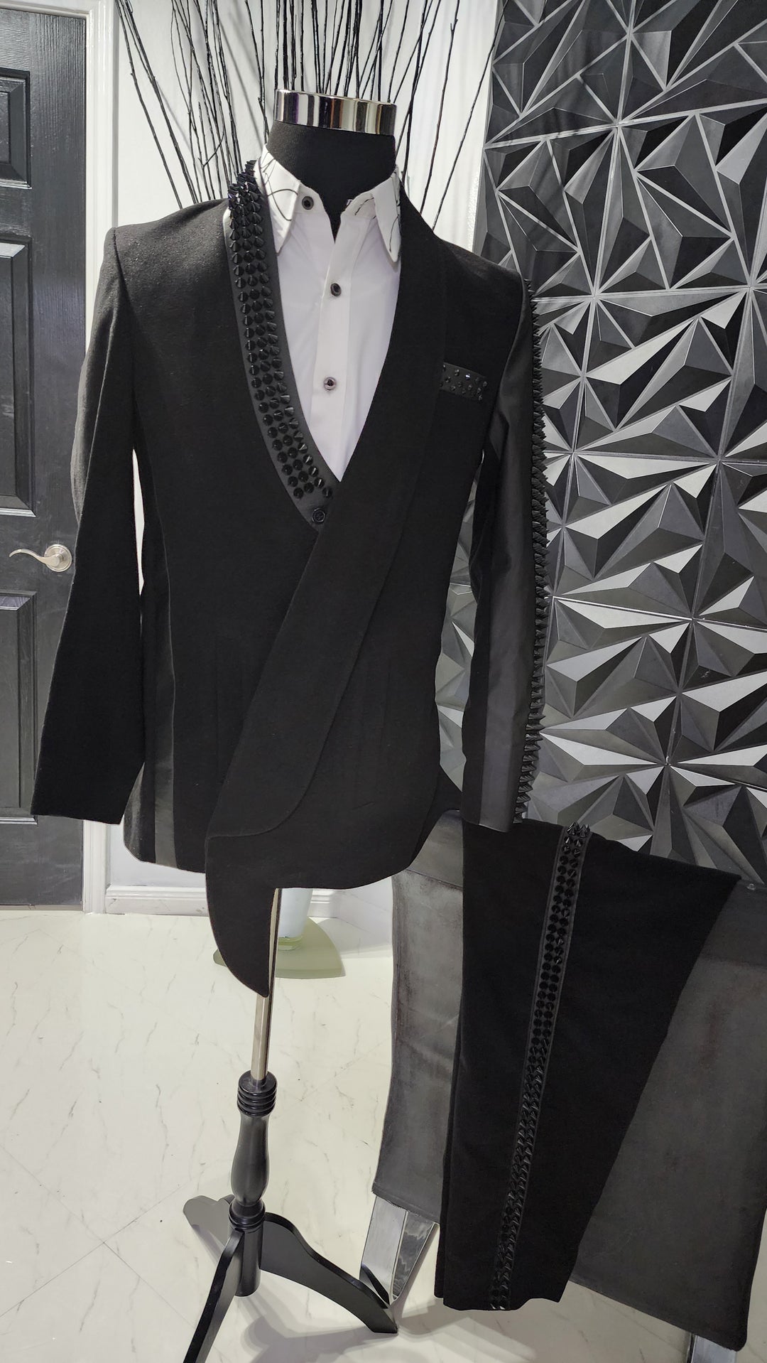 Handmade Custom Event Party Suit Designed by E.McCalla Suits - Leather Lapel w/ Spikes