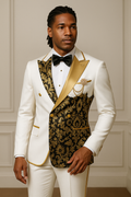 Modern Classic Ivory Gold Split Lapel Jacquard Double-Breasted Tuxedo