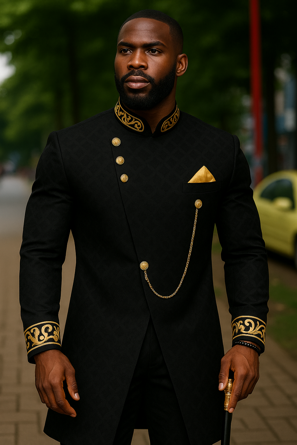 Luxury Mens Slim Fit Formal Dashiki Inspired Suit Two Piece Tuxedo w/ Gold Chain & Buttons, and Kerchief - Black