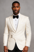 Luxury White Jacquard Tuxedo Blazer w/ Side Buckle