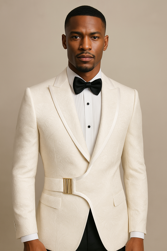 Luxury White Jacquard Tuxedo Blazer w/ Side Buckle