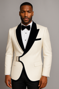 Luxury White & Black Jacquard Tuxedo Blazer w/ Side Buckle