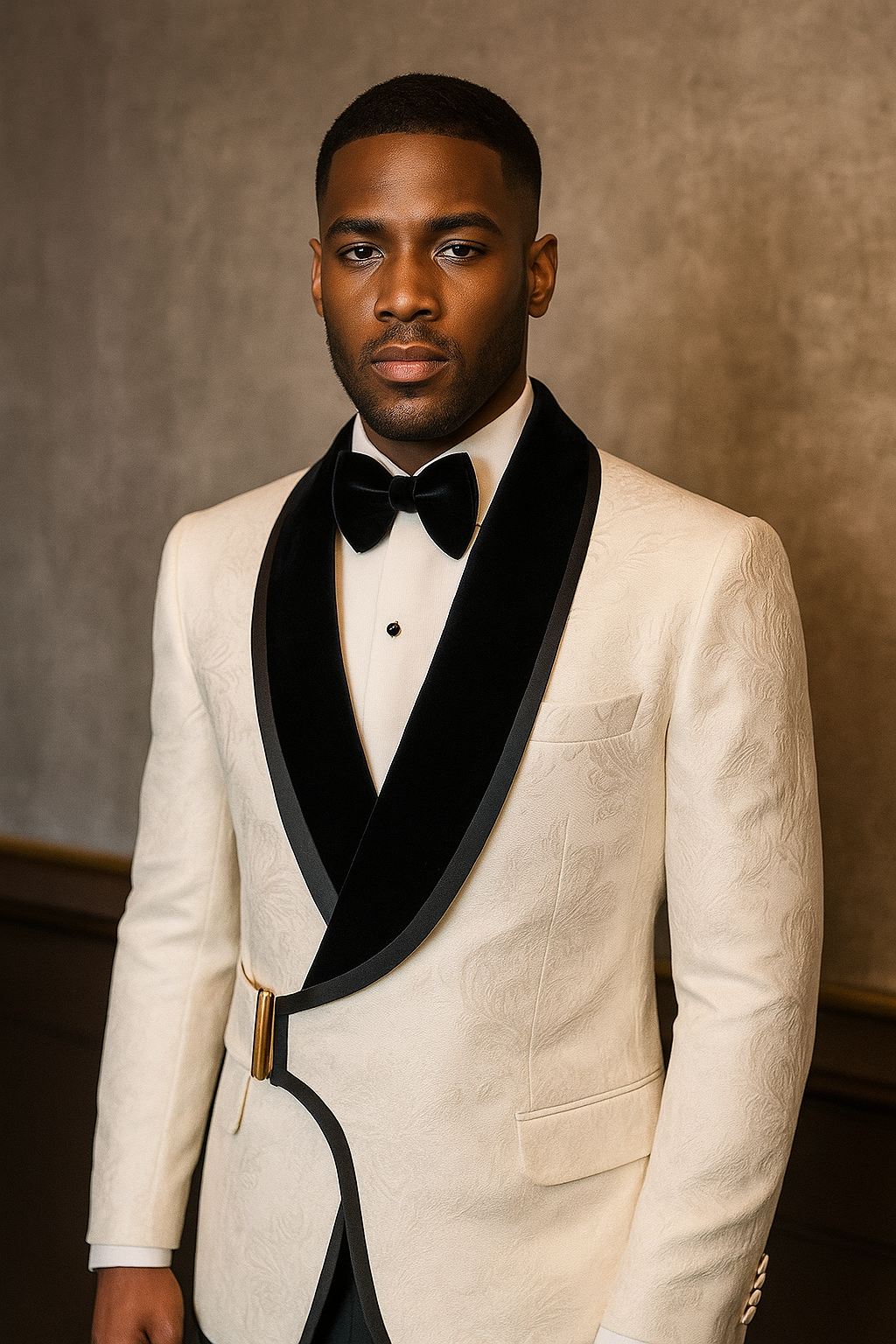 Luxury White & Black Jacquard Tuxedo Blazer w/ Side Buckle