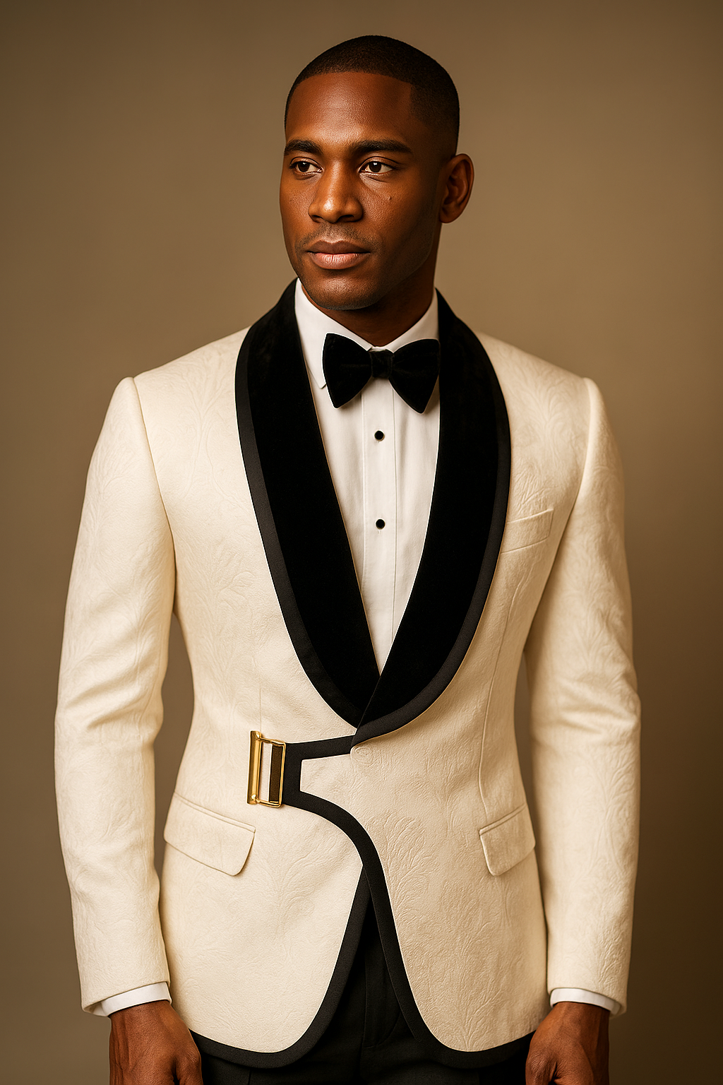 Luxury White & Black Jacquard Tuxedo Blazer w/ Side Buckle