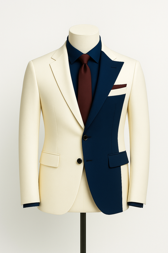 Navy Contrast Panel Modern Suit – Cream & Blue, Contemporary Tailored Fit